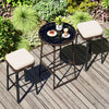 Outdoor swivel bar set featuring a PE rattan table and two cushioned chairs, perfect for patio relaxation.