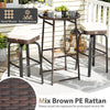 Outdoor swivel bar set featuring a PE rattan table and two chairs with white cushions, perfect for patio relaxation.