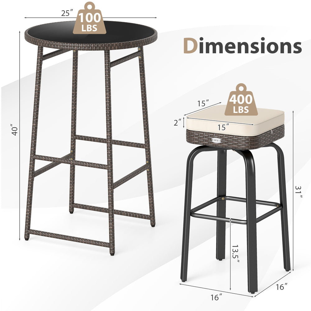Bar height table and swivel chair set with PE rattan, tempered glass top, and sponge-filled cushions for outdoor use.