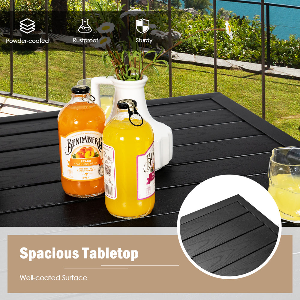 Spacious tabletop of the 3-piece outdoor swivel bar set with a well-coated surface, perfect for patio relaxation.