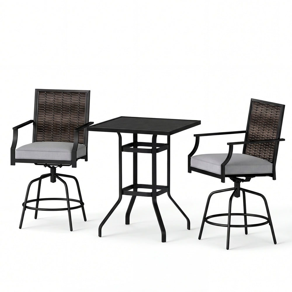 High top patio bar table with two swivel rattan wicker chairs, featuring soft cushions for outdoor relaxation.