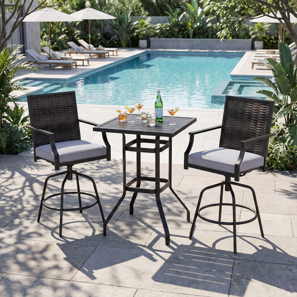 Two rattan wicker chairs with soft cushions, designed for comfort and style in this outdoor swivel bar set.