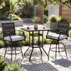 High top patio bar table with rattan wicker chairs and cushions, perfect for outdoor relaxation and social gatherings.