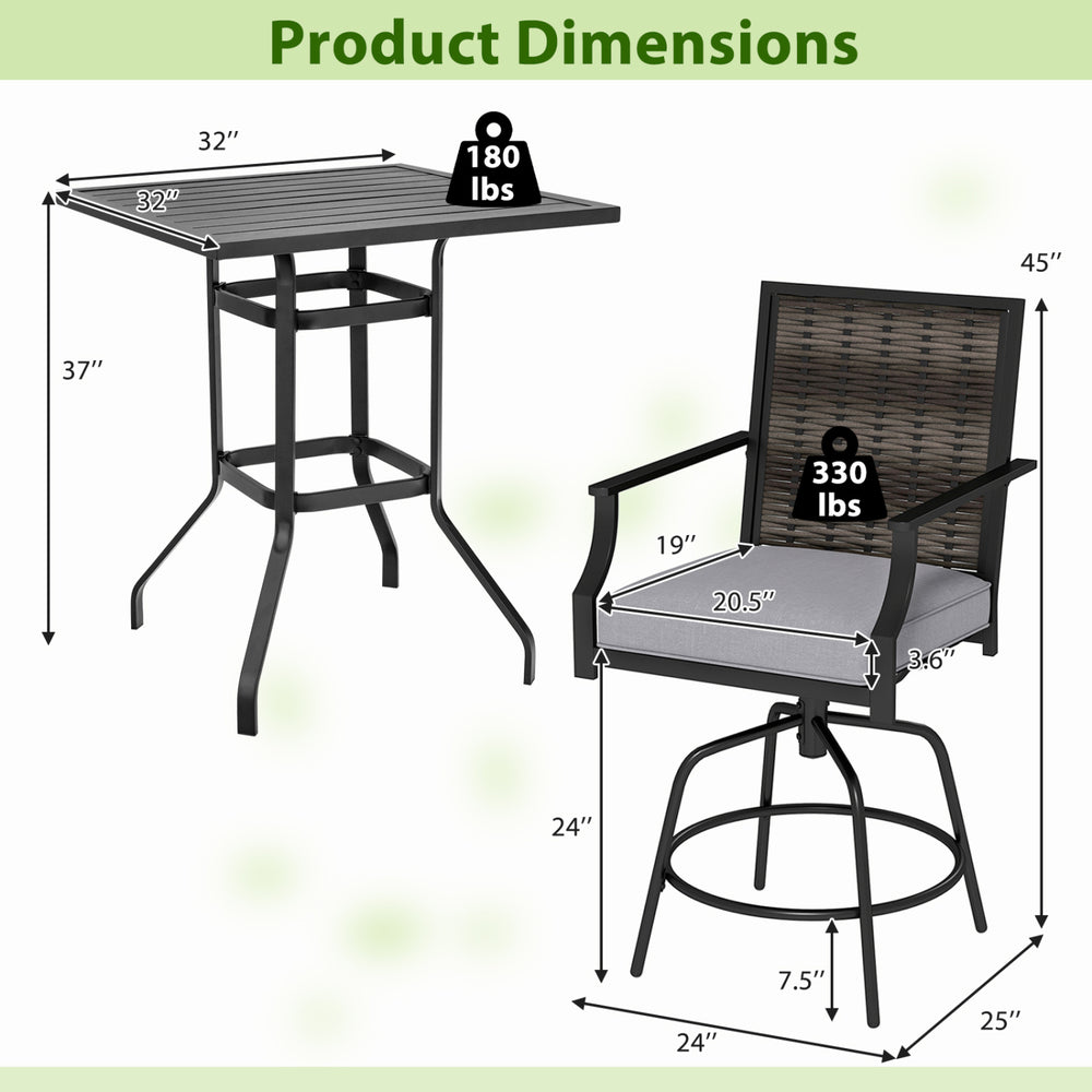 High top patio bar table and rattan wicker chairs with dimensions, featuring 360° swivel seats for outdoor relaxation.
