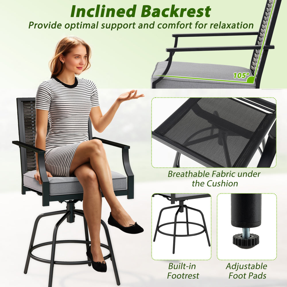 High top patio bar set featuring rattan wicker chairs with inclined backrests and breathable fabric for outdoor comfort.