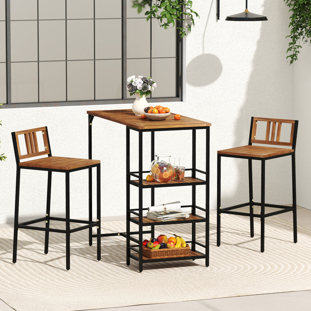 Outdoor wood bar set featuring acacia wood table and metal frame with 3-tier storage, ideal for backyard or balcony use.