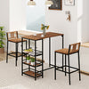 Outdoor wood bar set featuring a metal frame, spacious tabletop, and 3-tier storage shelf, perfect for backyard.