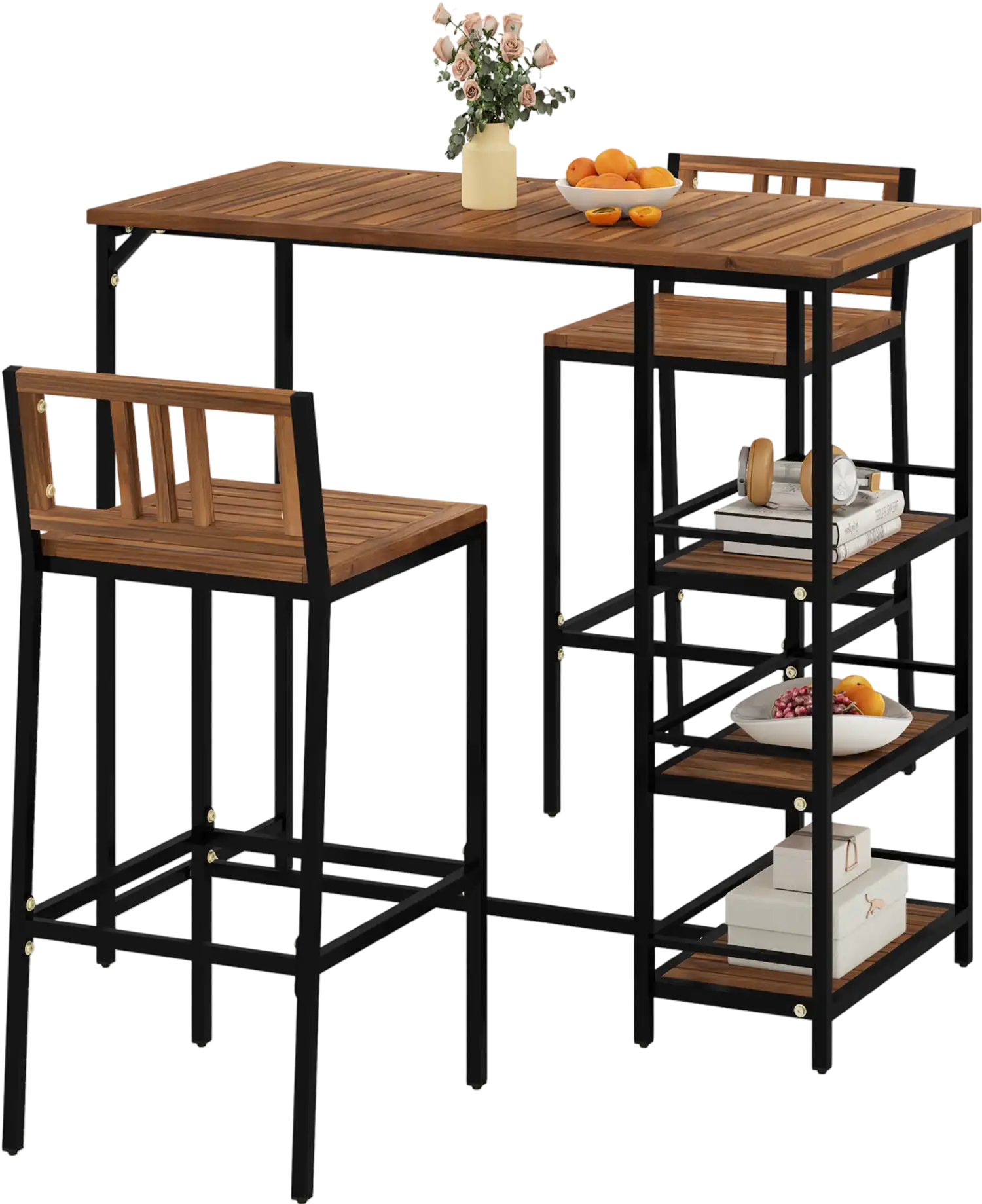 Costway 3-Pc Outdoor Wood Patio Bar Set w/ 3-Tier Storage Shelf Metal Frame 123678945 New