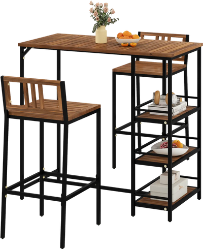 Costway 3-Pc Outdoor Wood Patio Bar Set w/ 3-Tier Storage Shelf Metal Frame 123678945 New