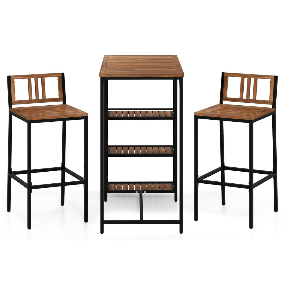 Outdoor wood bar set featuring acacia wood and metal frame, includes a bar table and two stools for backyard gatherings.