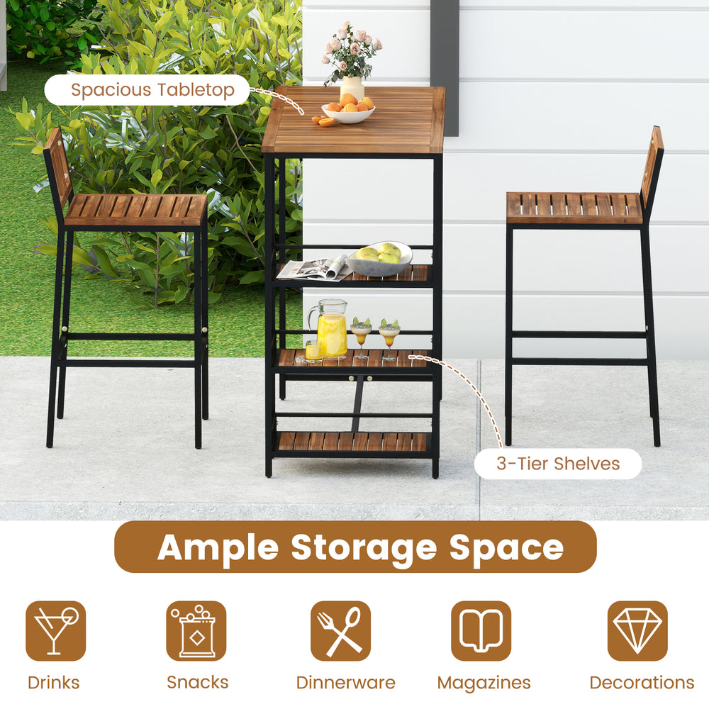 Outdoor wood bar set featuring a spacious tabletop, 3-tier storage shelf, and sturdy metal frame for backyard.