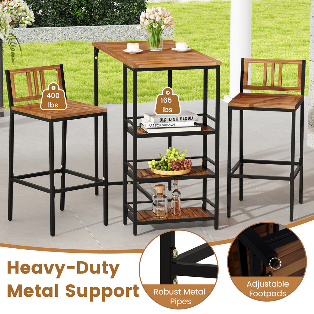3-piece outdoor wood bar set featuring acacia wood, metal frame, and 3-tier storage shelf for backyard relaxation.