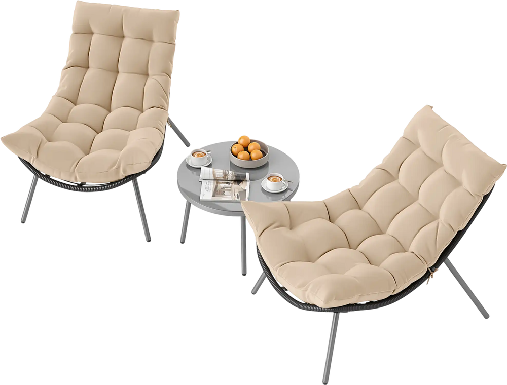 Cushioned papasan chairs in beige with a side table, perfect for outdoor patio relaxation and stylish lounging.