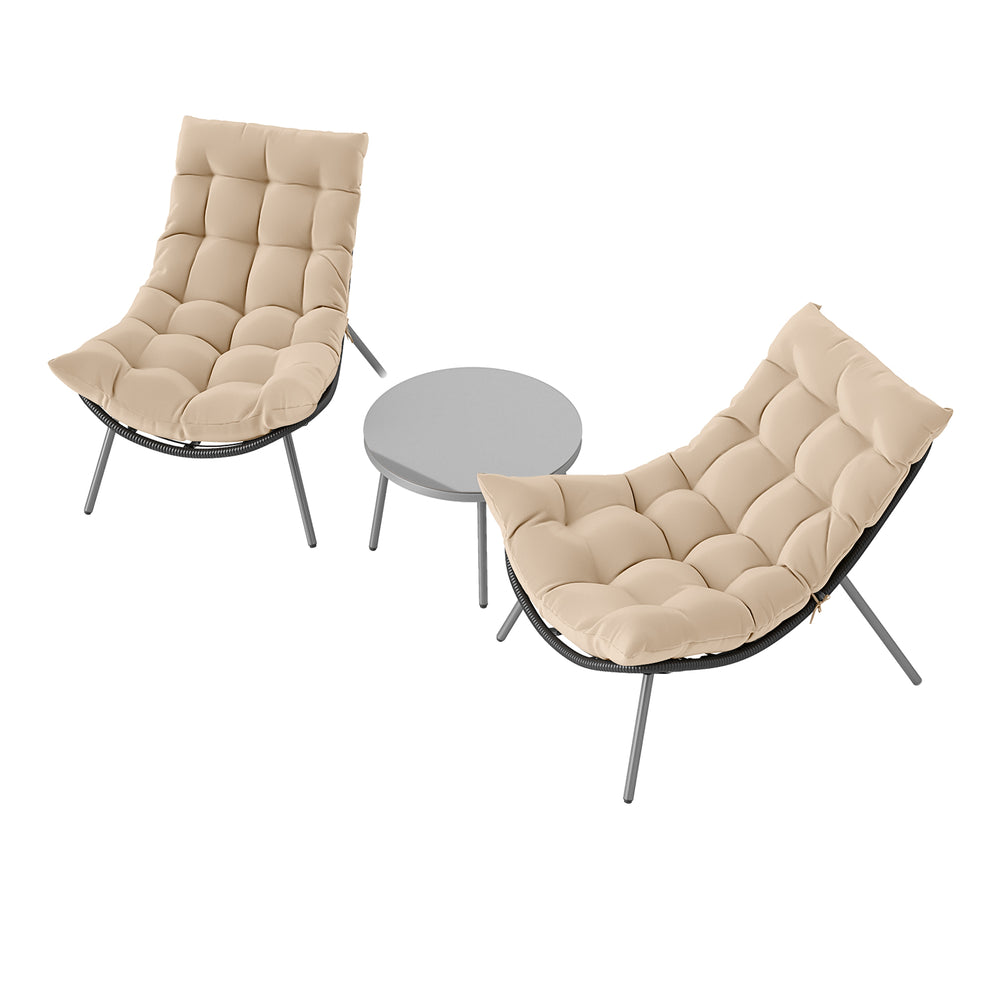 Two cushioned beige Papasan chairs with a round side table, perfect for outdoor patio relaxation.