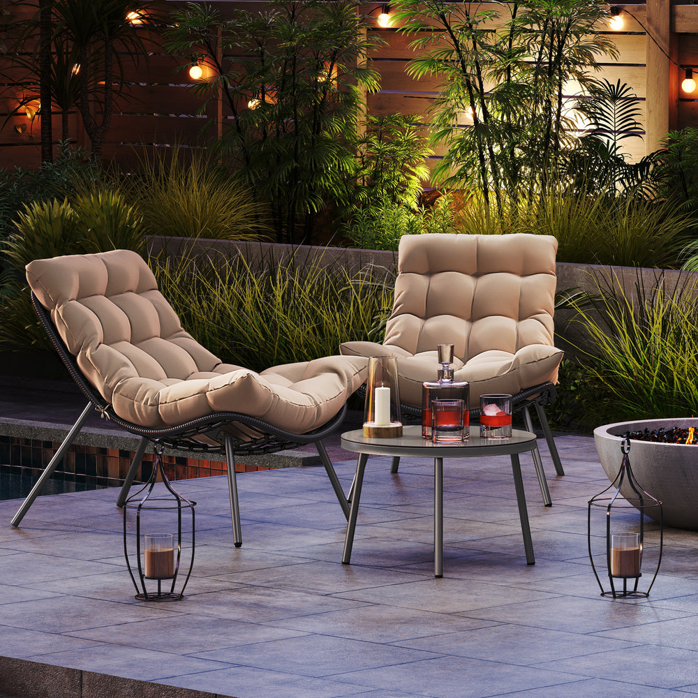 Side view of a cushioned Papasan chair in beige with a large scooped seat, ideal for stylish outdoor lounging.