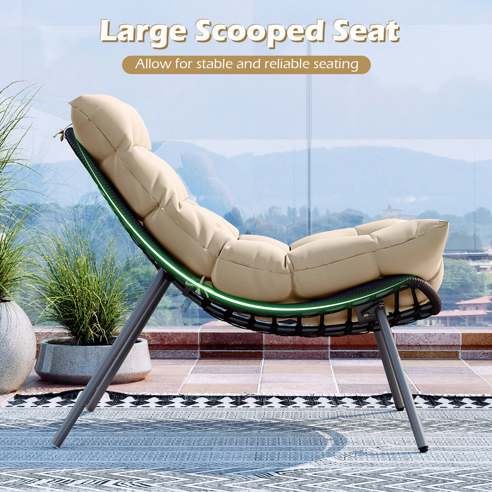 Large scooped seat of a cushioned Papasan chair in beige, made of PE rattan, ideal for patio relaxation.