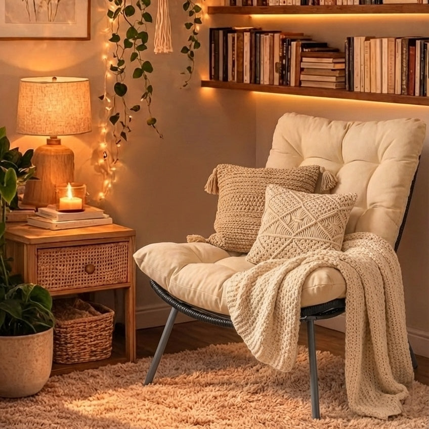 Beige cushioned Papasan chair from a 3-piece PE rattan conversation set, perfect for patio relaxation and style.
