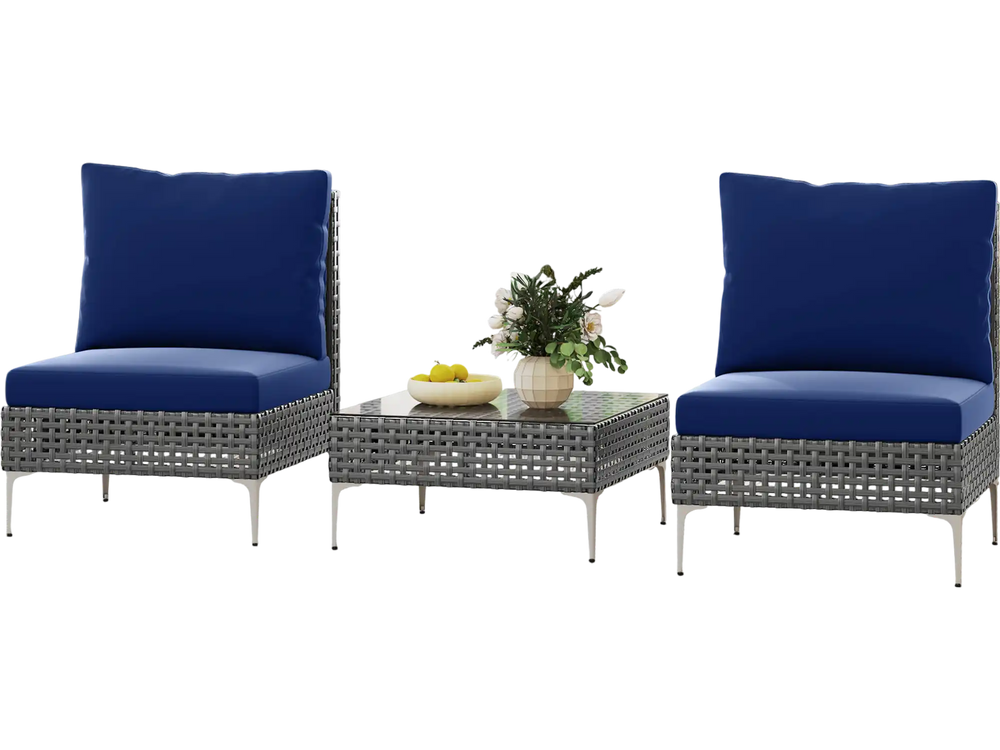 Navy blue cushioned conversation chairs with a tempered glass coffee table, perfect for garden or porch relaxation.