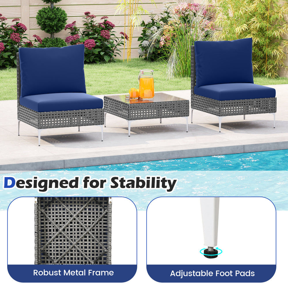 Navy blue PE rattan conversation chairs with tempered glass coffee table, ideal for garden and patio relaxation.
