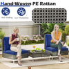 Two hand-woven PE rattan conversation chairs with navy cushions and a tempered glass coffee table for outdoor.