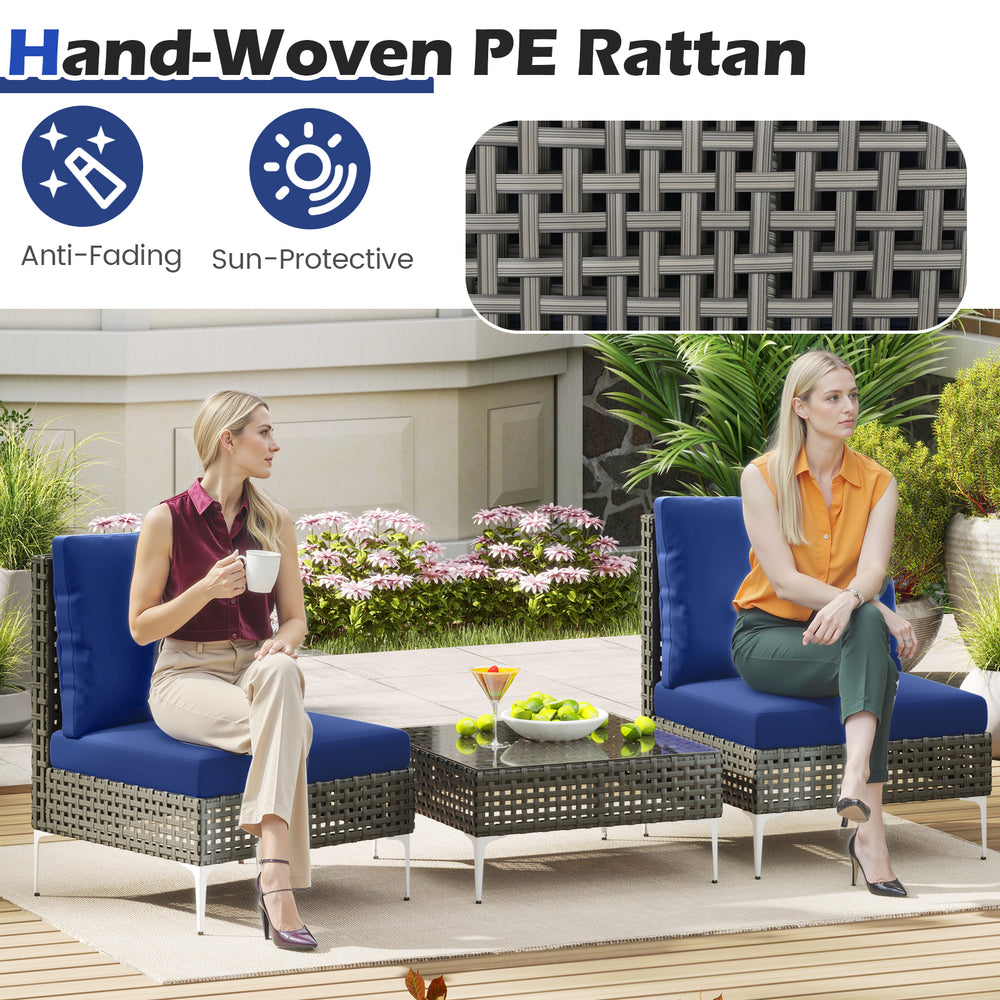 Two hand-woven PE rattan conversation chairs with navy cushions and a tempered glass coffee table for outdoor.