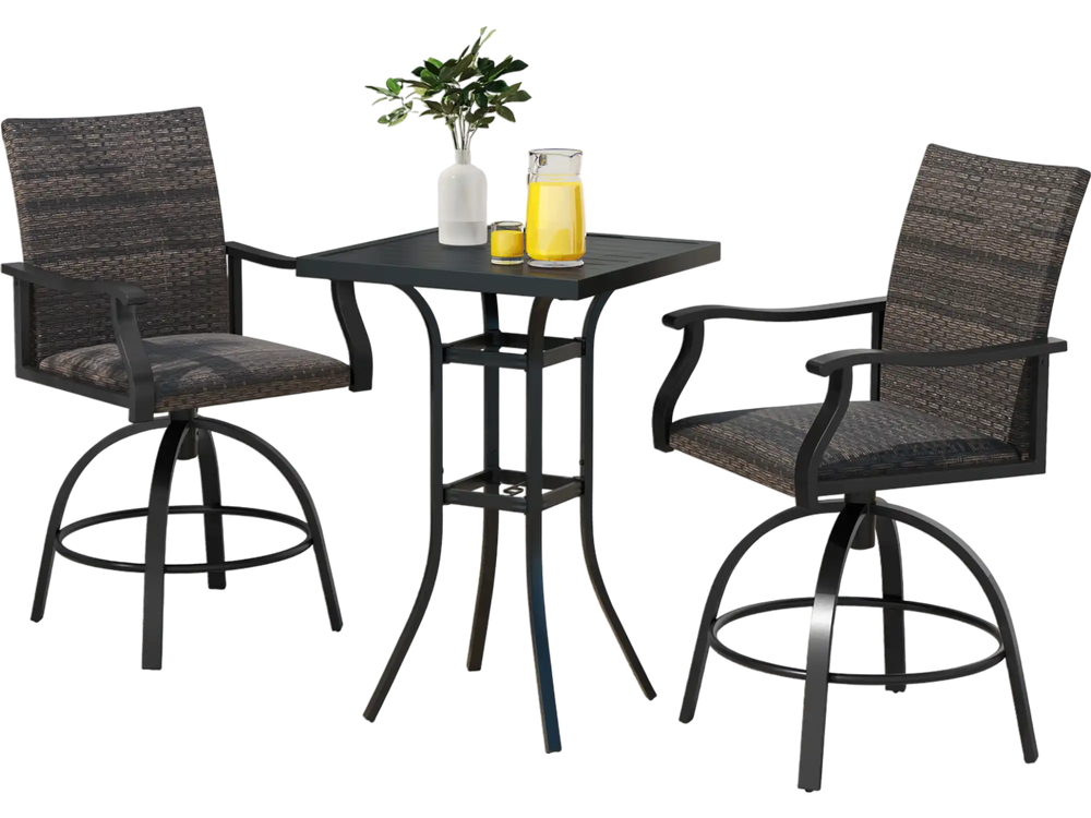 3-piece PE wicker patio swivel bar set with black aluminum frame, featuring 360° swivel seats for outdoor relaxation.