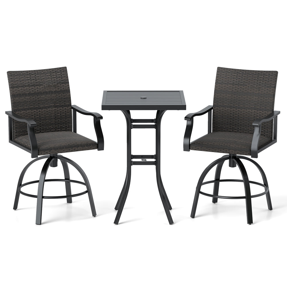 Three-piece PE wicker patio swivel bar set with black aluminum frame, featuring comfortable padded seats and a 360°.