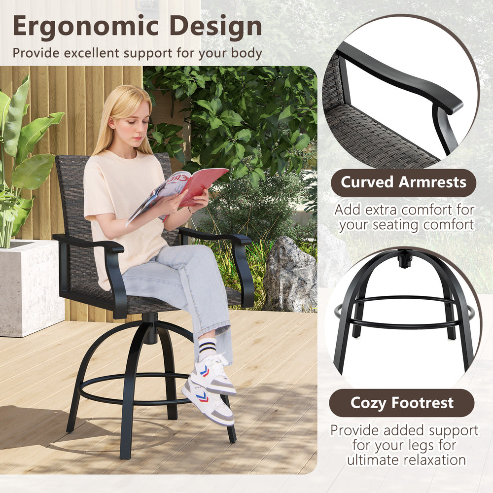 Swivel bar stool from a 3-piece set, featuring PE wicker, curved armrests, and cozy footrest for patio relaxation.