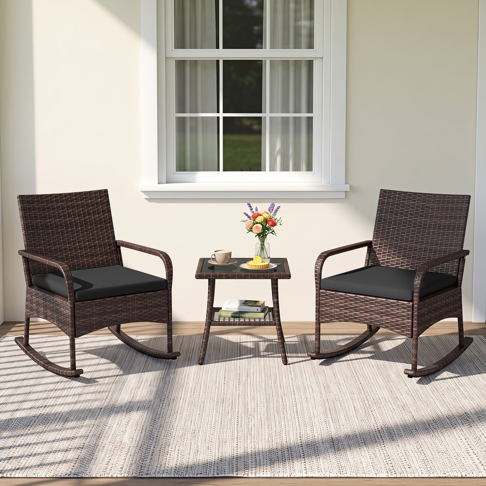 3 Pieces PE Wicker Rocking Bistro Set with 2-Tier Side Table Cushions and Ergonomic Armchairs for Porch-Black - Gallery View 1 of 11