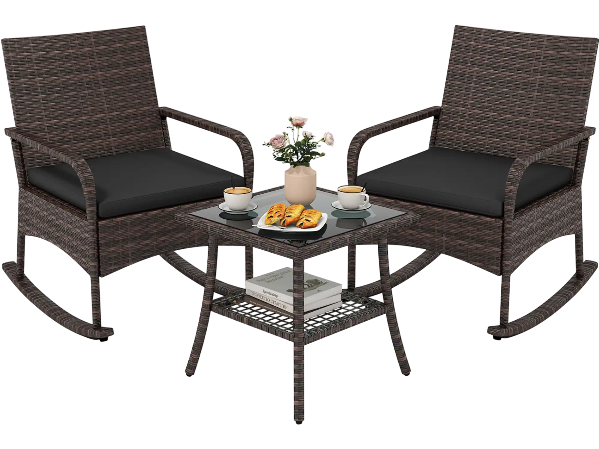 Costway 3-Pc PE Wicker Rocking Bistro Set w/ 2-Tier Side Table Cushions Armchairs 32070405 New