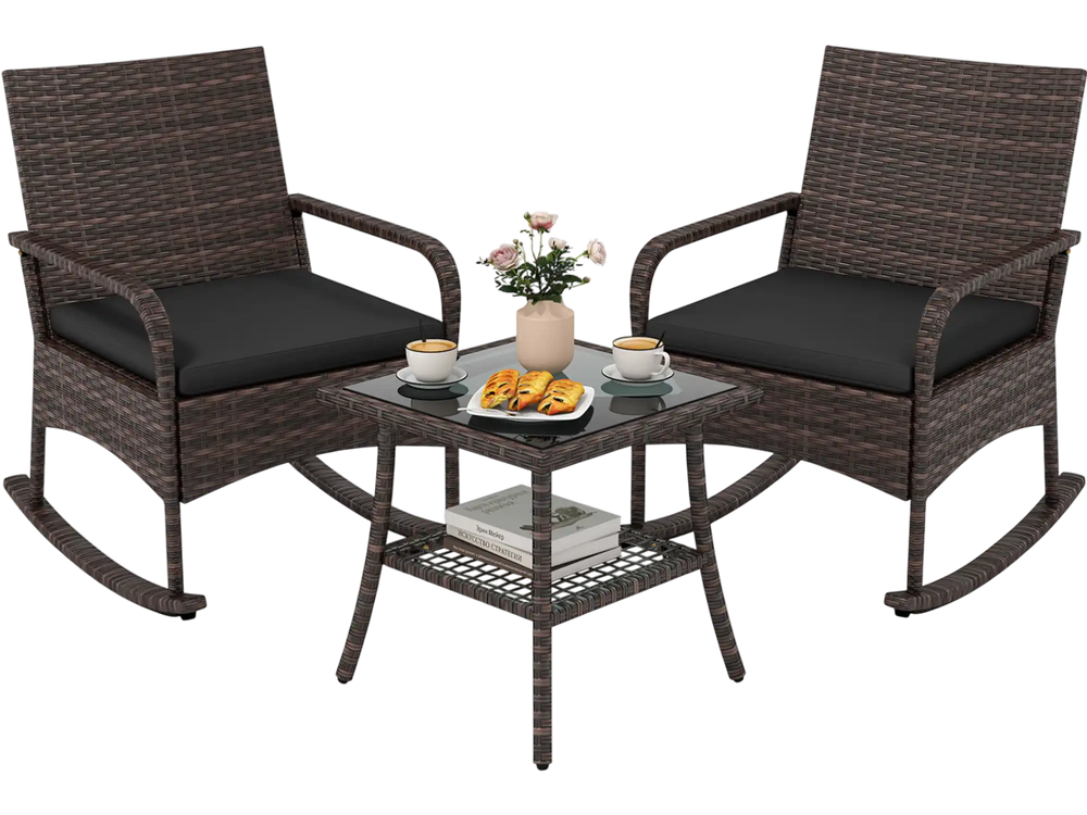 Rocking bistro set featuring two ergonomic armchairs and a 2-tier side table, perfect for porch relaxation.
