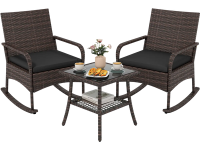 Costway 3-Pc PE Wicker Rocking Bistro Set w/ 2-Tier Side Table Cushions Armchairs 32070405 New