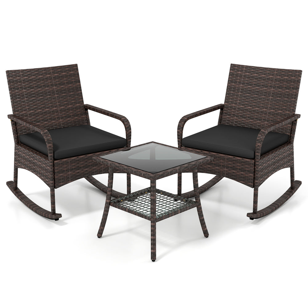 Two ergonomic armchairs with black cushions and a 2-tier side table in a PE wicker rocking bistro set for outdoor relaxation.