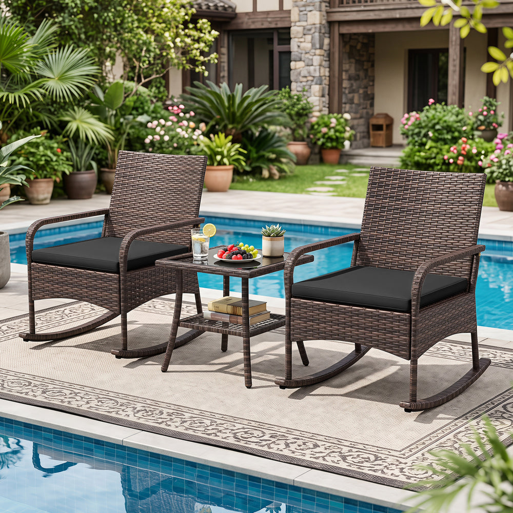 Two ergonomic armchairs with black cushions and a 2-tier side table, perfect for relaxing on the patio or porch.