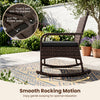 Black PE wicker rocking chair with ergonomic armrests and anti-slip rubber strips, perfect for porch relaxation.