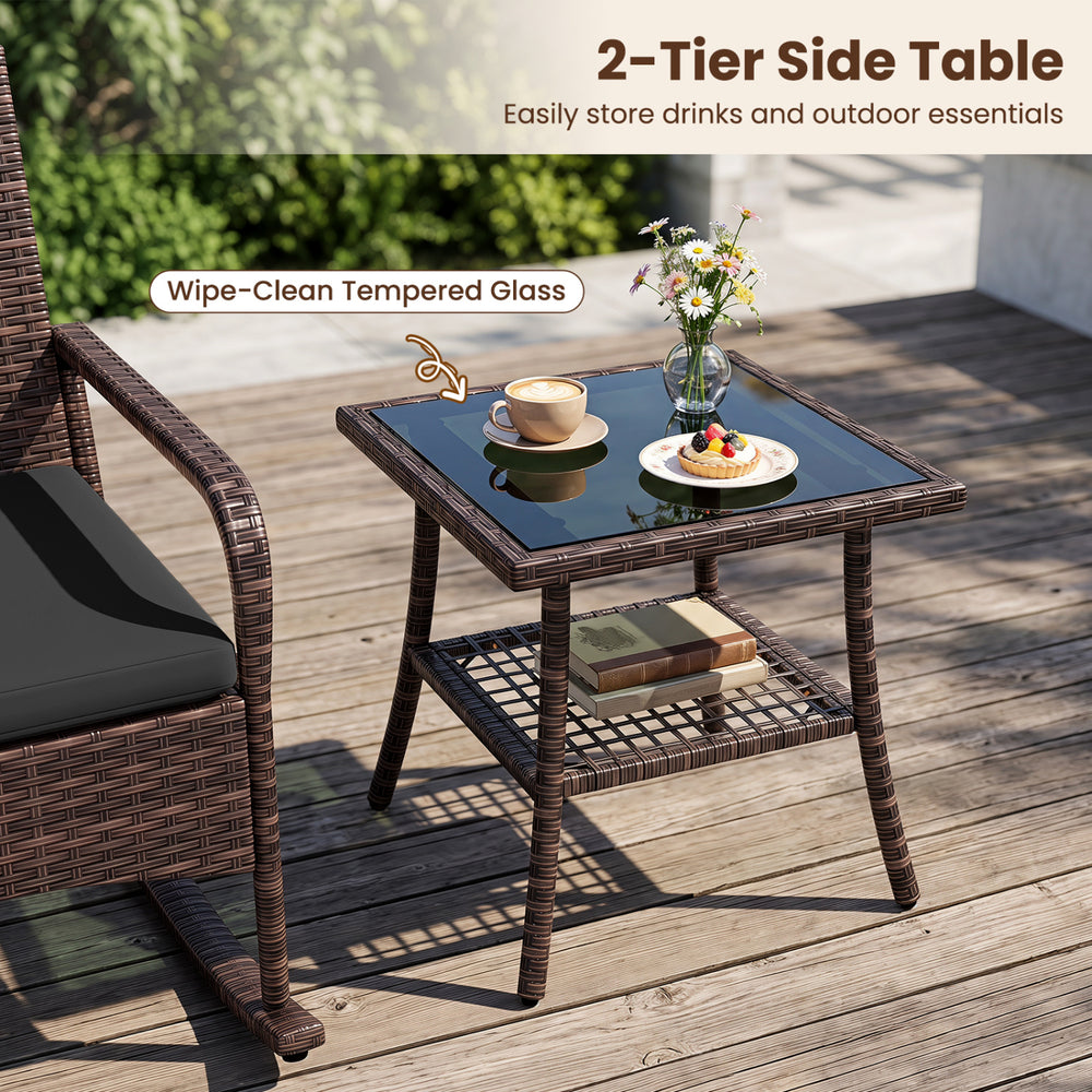 2-tier side table with wipe-clean tempered glass top, perfect for storing drinks and outdoor essentials on the patio.