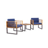Two cushioned armchairs and a coffee table in acacia wood and navy, perfect for outdoor patio relaxation.