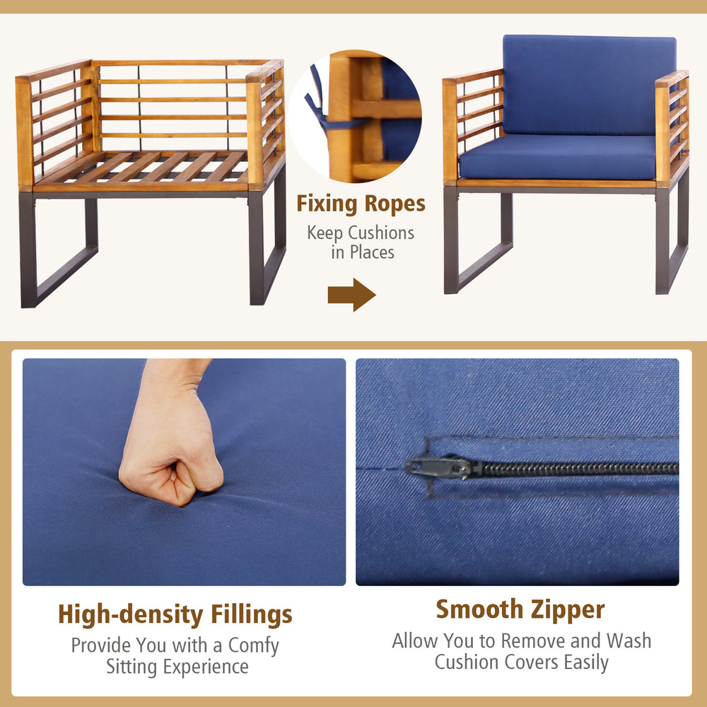 Cushioned armchair from the 3 Pieces Patio Acacia Wood Conversation Set in navy, featuring high-density fillings and.