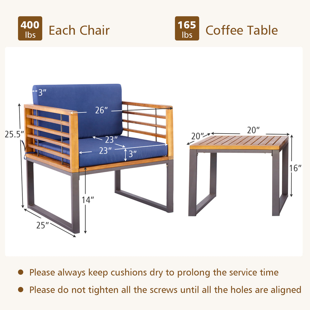 Navy cushioned armchair and coffee table from the 3 Pieces Patio Acacia Wood Conversation Set for outdoor relaxation.