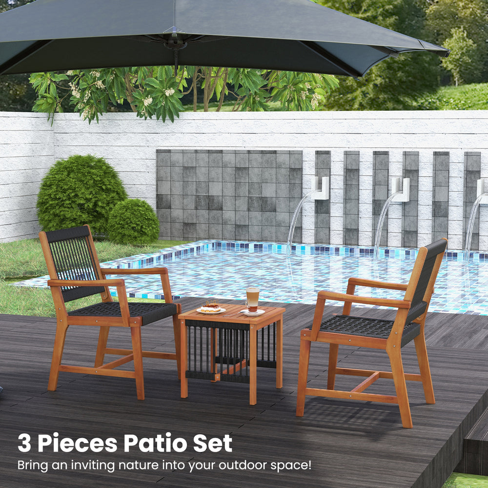 3 pieces acacia wood patio furniture set featuring armchairs and a coffee table, perfect for outdoor relaxation.