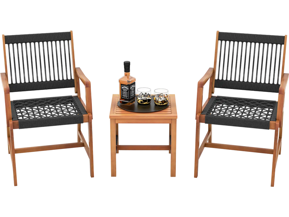 3 Pieces Acacia Wood Patio Furniture Set with Armchairs Coffee Table
