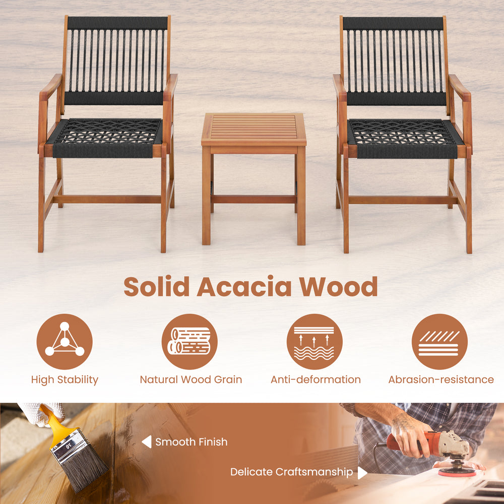 Solid acacia wood armchair with inclined backrest and cozy armrests, suitable for patio and backyard seating.