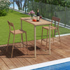Patio bar table set featuring a height table and two armless chairs with breathable rattan seats, ideal for outdoor use.