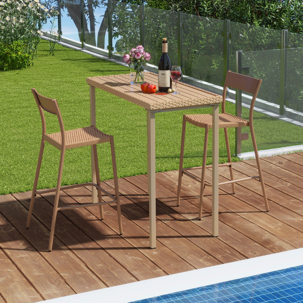 Patio bar table set featuring a height table and two armless chairs with breathable rattan seats, ideal for outdoor use.