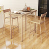 Patio bar table set featuring a height table and two stackable armless chairs with breathable rattan seats for outdoor.
