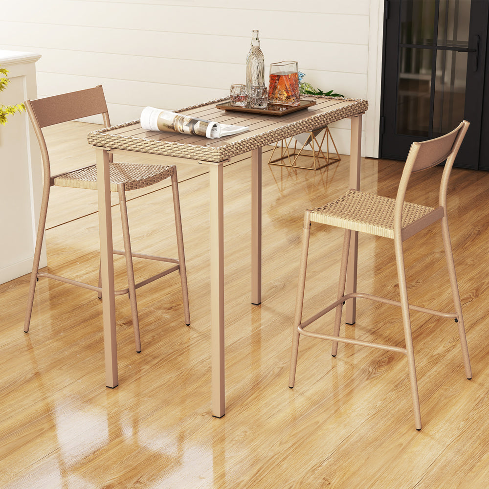 Patio bar table set featuring a height table and two stackable armless chairs with breathable rattan seats for outdoor.