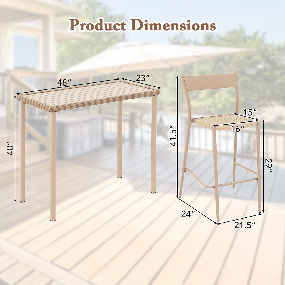 Dimensions of the 3 Pieces Patio Bar Table Set with height table and 2 armless chairs for outdoor use.