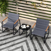 Two gray patio chairs with wood-plastic armrests and a square side table, perfect for outdoor conversation.