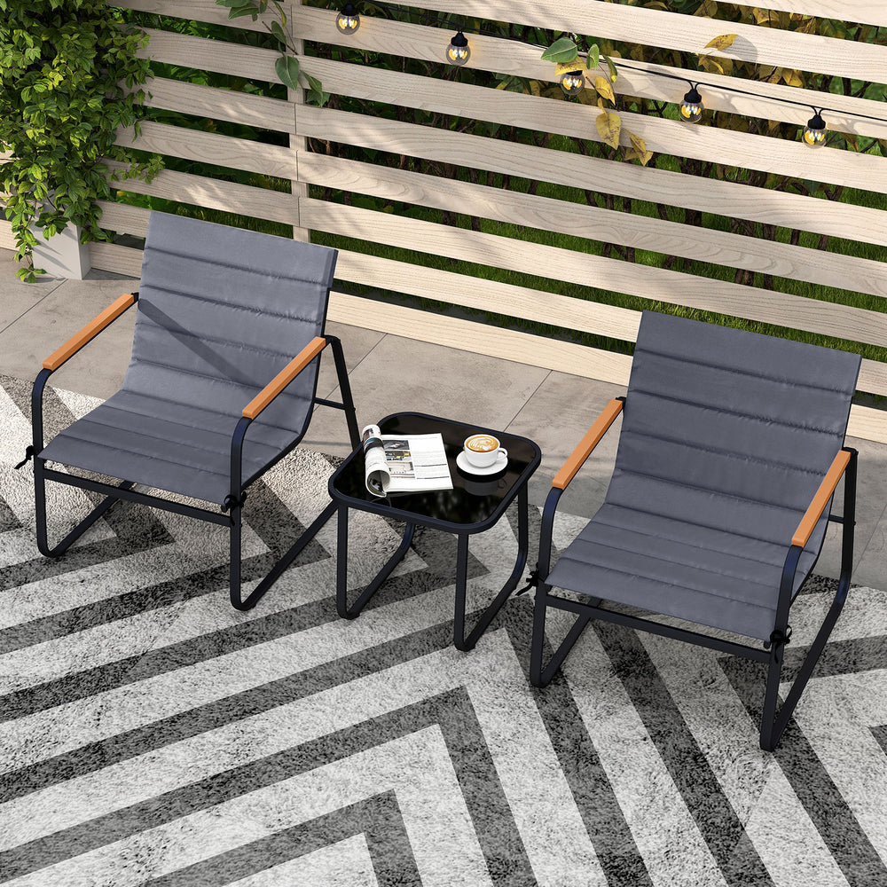 Two gray patio chairs with wood-plastic armrests and a square side table, perfect for outdoor conversation.