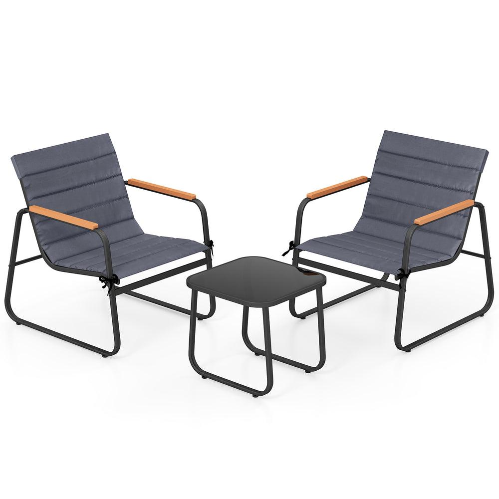 Gray patio bistro set featuring two comfortable chairs with removable cushions, ideal for small outdoor spaces and.